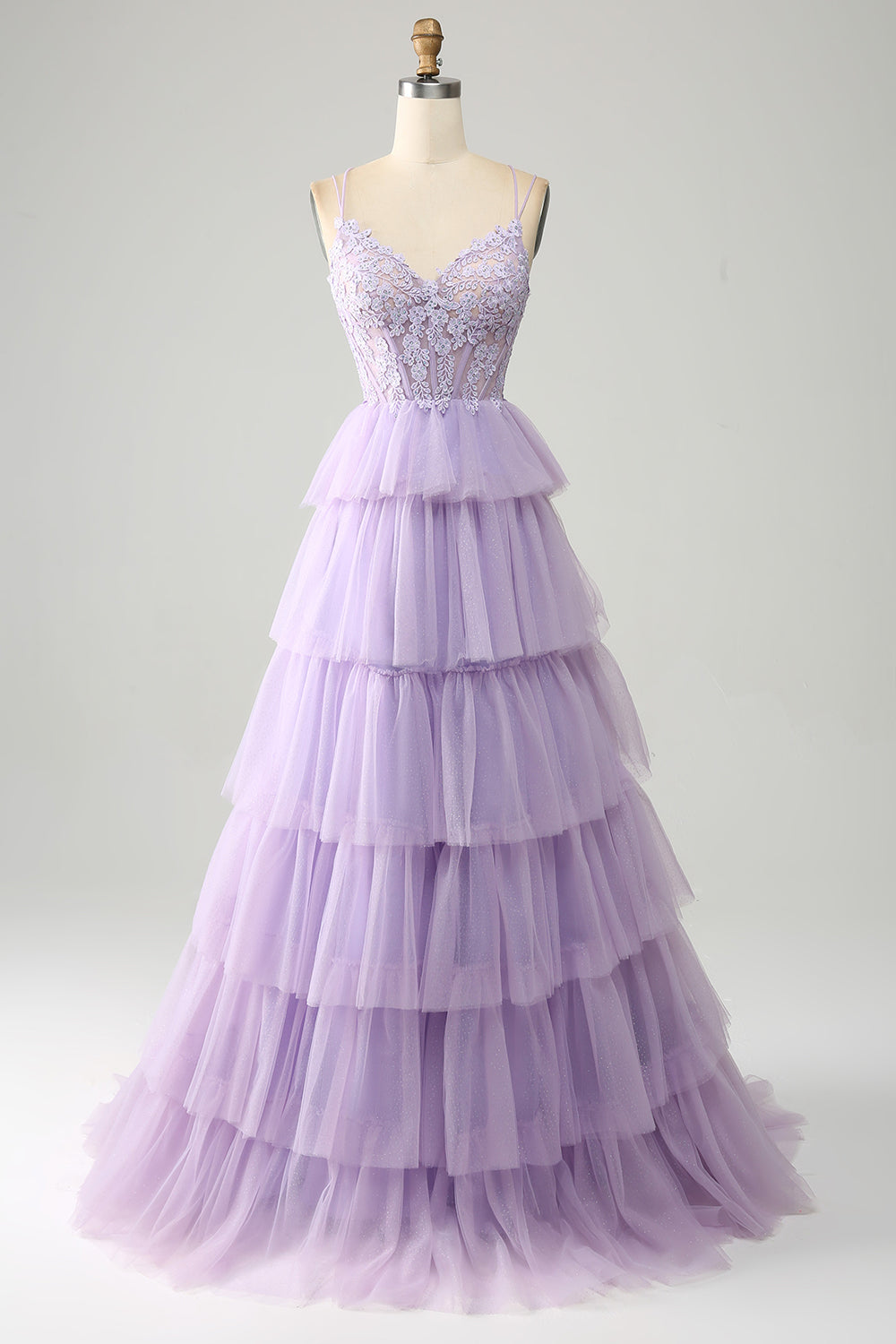 Luolandi Lilac Tulle Appliques Tiered Princess Corset Prom Dress Floor Length Beautiful