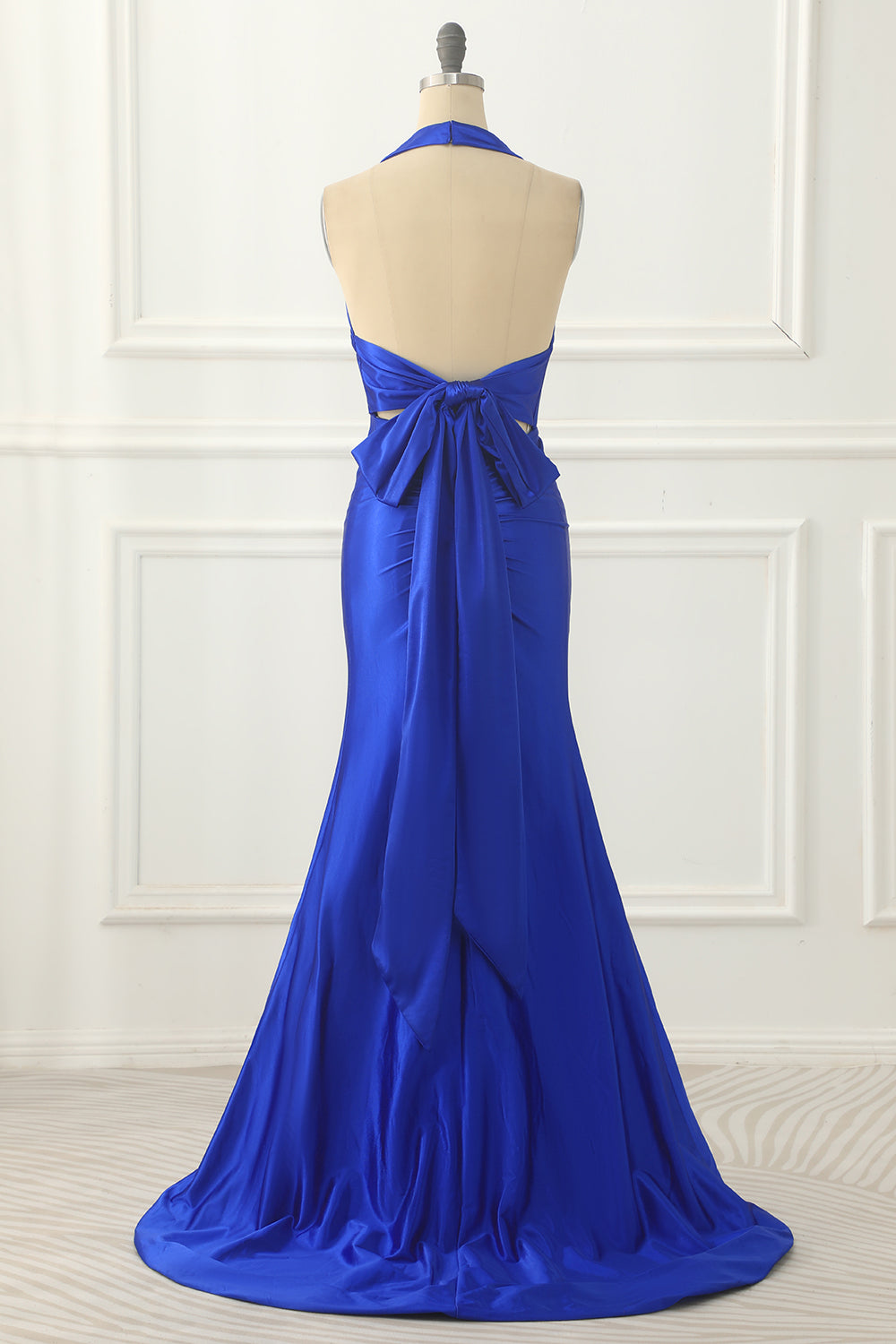 Luolandi Royal Blue Halter Satin Prom Dress With Bow V-neck Long Bridesmaid Dress Party Dress