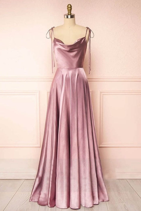 Luolandi Sweet A-line Cowl Neck Silk Long Prom Dress Solid Color Party Dress With Slit
