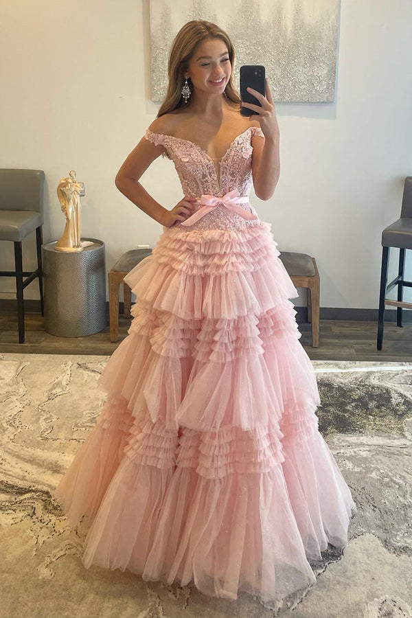 Luolandi Princess A Line Off the Shoulder Light Pink Long Prom Dress with Ruffles Sexy Beautiful