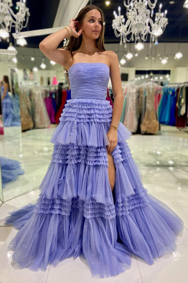 Luolandi A-Line Strapless Tulle Long Prom Dress with Tiered Ruffles Off Shoulder Evening Dress
