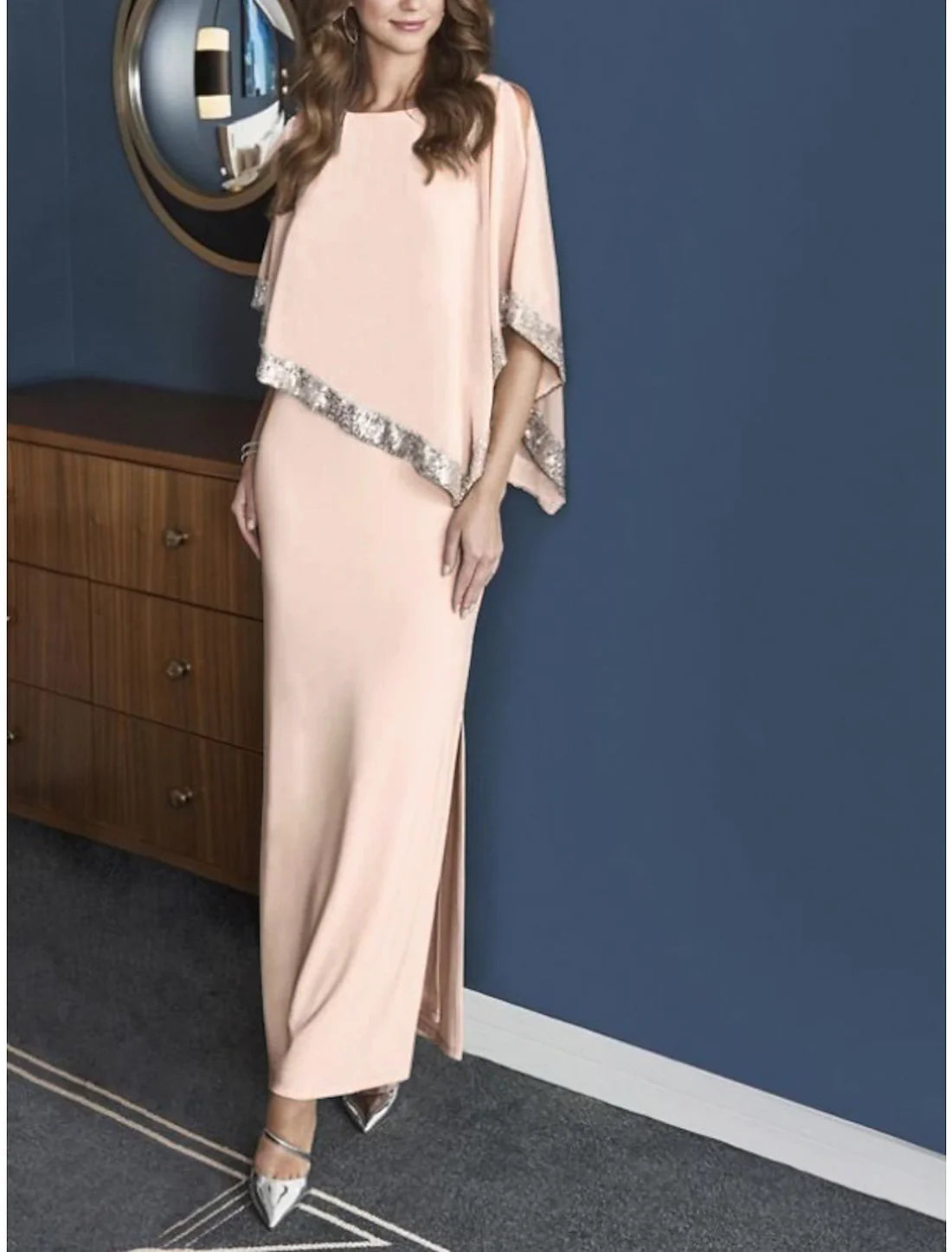 Luolandi Sheath Mother of the Bride Dress Cape Dress Wedding Guest Elegant Sparkle & Shine Jewel Neck Ankle Length Chiffon 3/4 Length Sleeve with Sequin Split