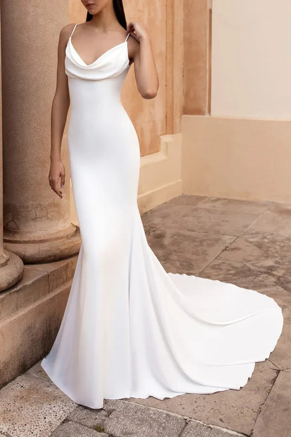 Luolandi Mermaid Spaghetti Straps Simple Wedding Dress With Satin Court Train Sexy