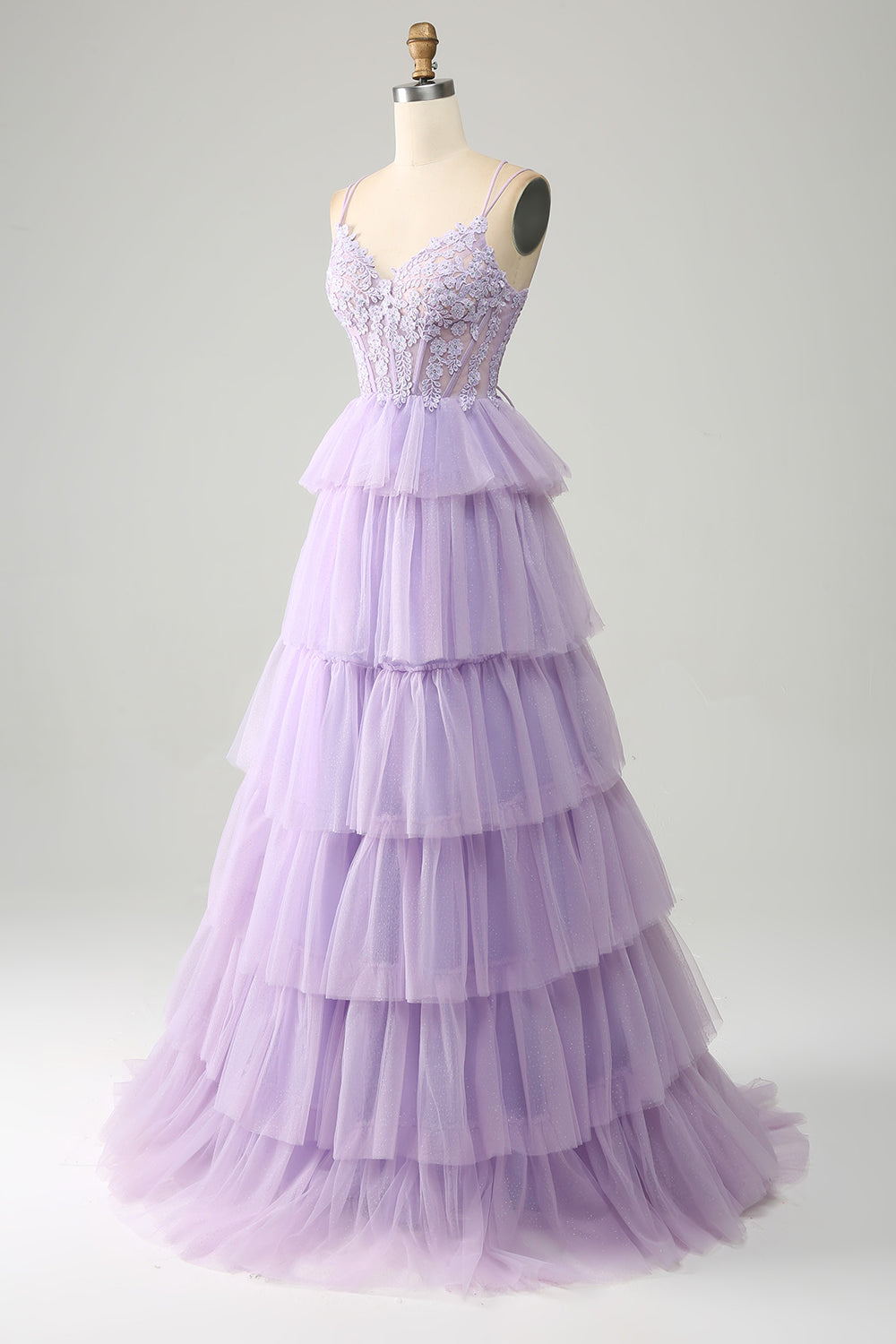 Luolandi Lilac Tulle Appliques Tiered Princess Corset Prom Dress Floor Length Beautiful