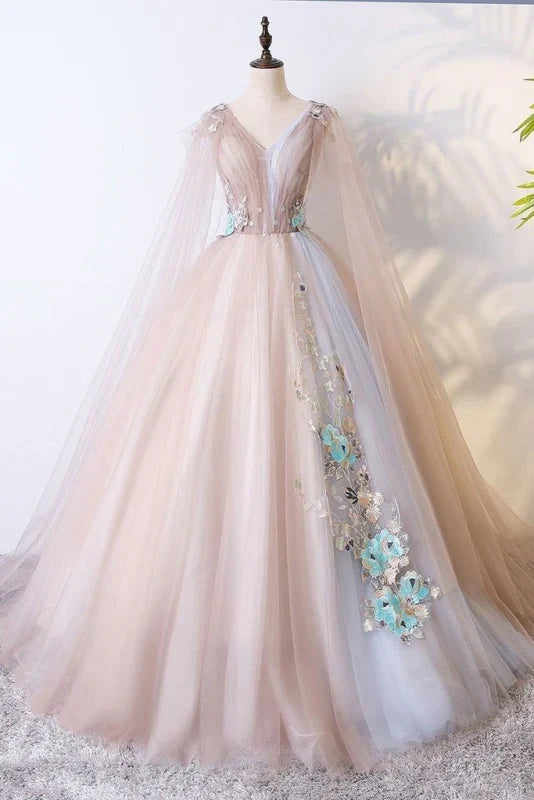 Luolandi Ball Gown V Neck Tulle Appliques Floor Length Quinceanera Dress Prom Dress Beautiful
