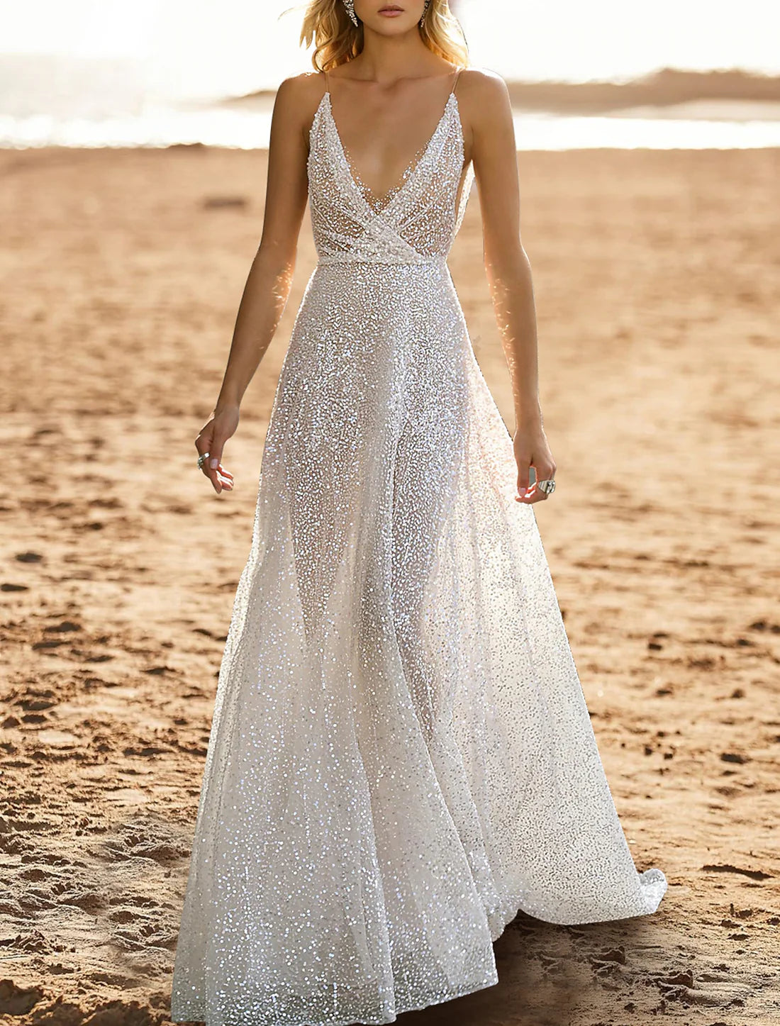 Luolandi Beach Open Back Casual Wedding Dresses A-Line Camisole V Neck Sleeveless Sweep / Brush Train Sequined Bridal Gowns With Beading Sparkly