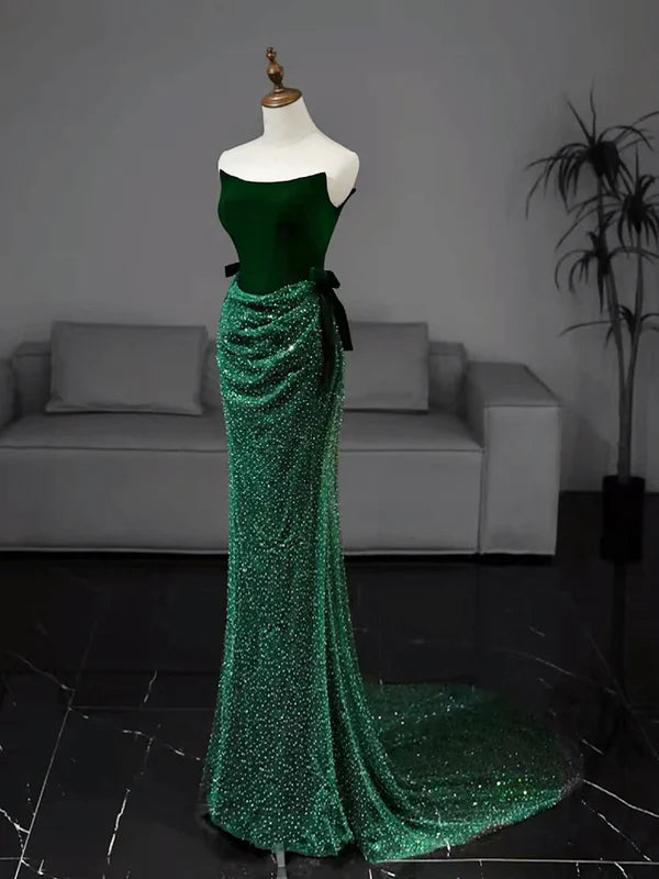 Luolandi Mermaid Tulle Velvet Green Long Prom Dress Strapless Evening Dress Off Shoulder Sparkly