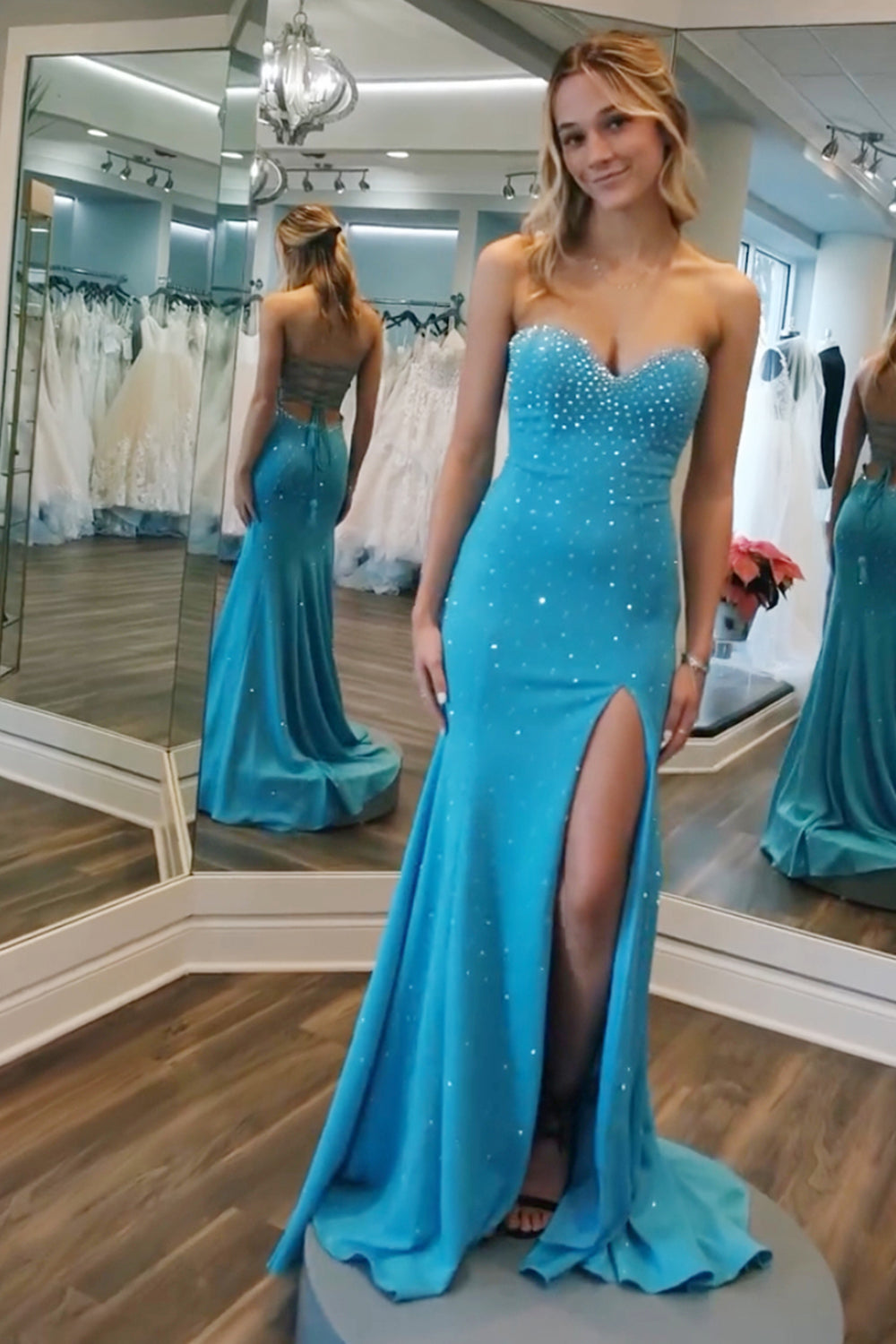 Luolandi Mermaid Strapless Beaded Long Prom Dress With Slit Off Shoulder Sexy Evening Dress