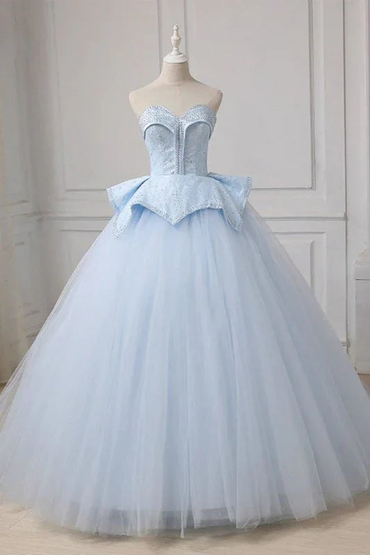 Luolandi Tulle Sweetheart Ball Gown Beading Prom Sweep Train Quinceanera Dress Sky Blue