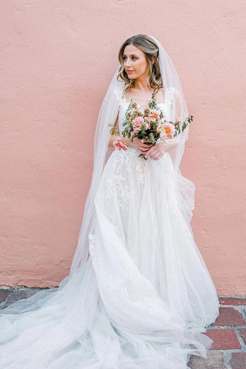 Luolandi A-Line V Neck Tulle Appliques Wedding Dresses Sexy Beautiful