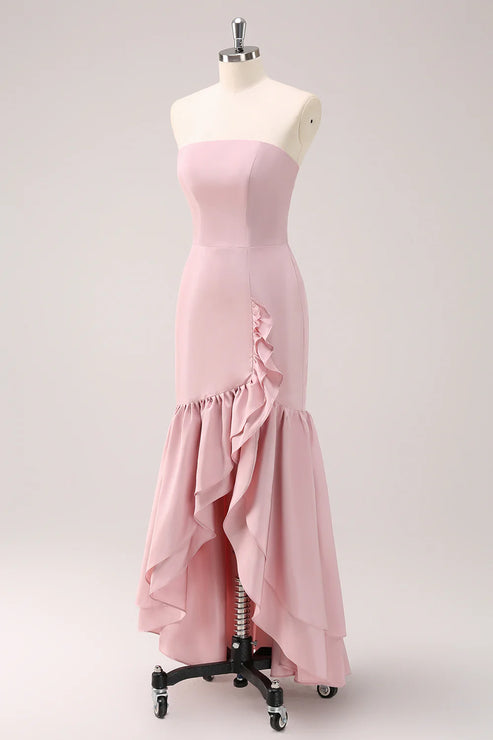 Luolandi Pink Strapless Asymmetrical Ruffled Bridesmaid Dress Off Shoulder Party Dress
