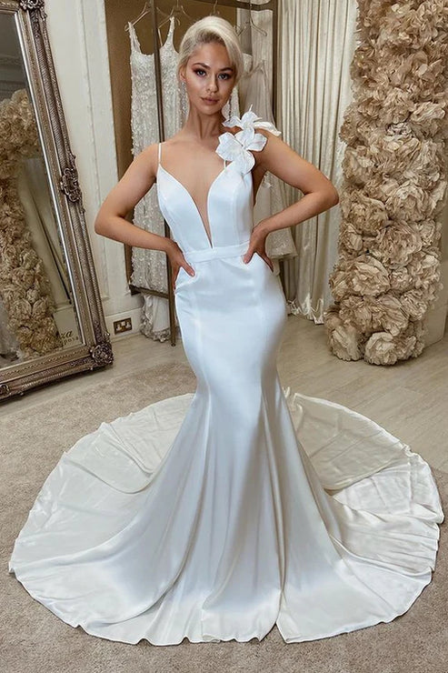 Luolandi Satin Backless Mermaid Wedding Dress with Flowers Open Back Sexy