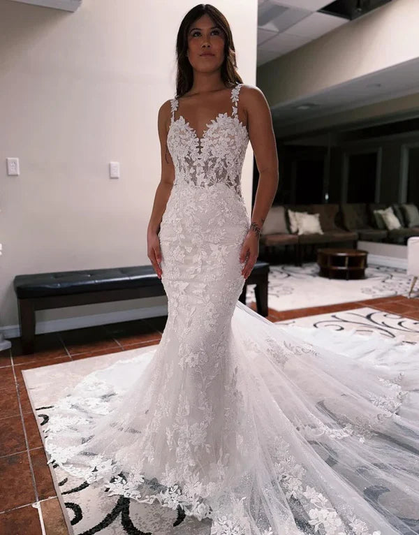 Luolandi Mermaid Spaghetti Backless Sweep Train Wedding Dress Beautiful