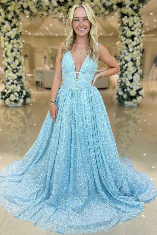 Luolandi A line Plunging V Neck Sequins Prom Dress Sky Blue Sparkly Evening Dress