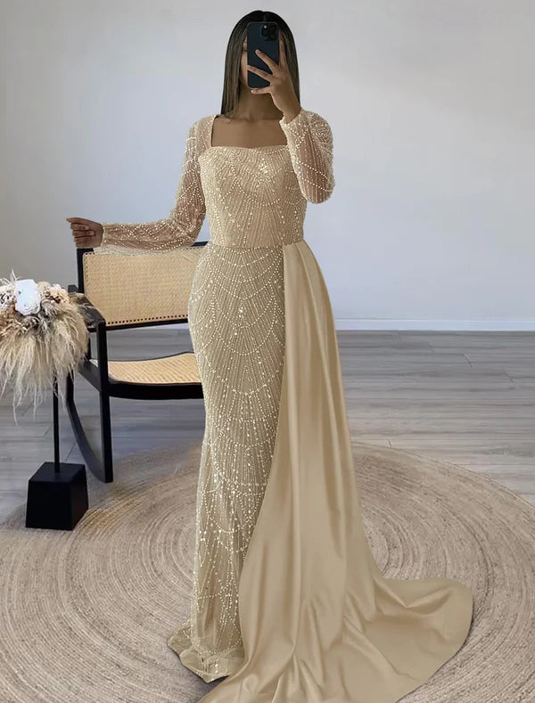 Luolandi Mermaid / Trumpet Evening Gown Formal Floor Length Long Sleeve Square Neck Sequined Elegant