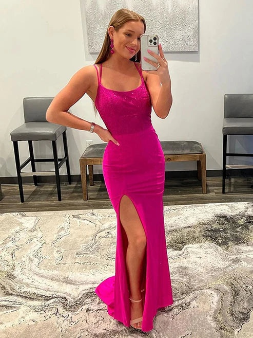 Luolandi Sheath/Column Jersey Spaghetti Straps Sleeveless Sweep/Brush Train Dresses Sexy Evening Dress