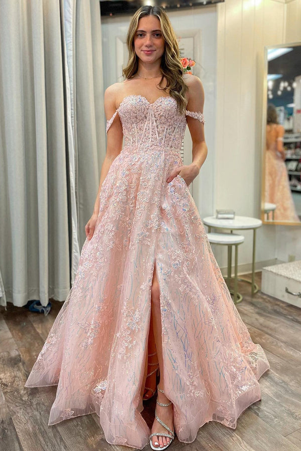 Luolandi Pink Appliques Off-the-Shoulder A-Line Long Prom Dress With Slit Floor Length