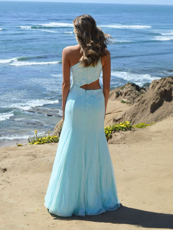 Luolandi Sheath One Shoulder Sequins Prom Dress with 3D Appliques Evening Dress With Slit