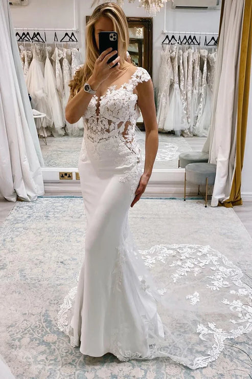 Luolandi Mermaid Deep V-Neck Backless Long Wedding Dress with Lace Beautiful