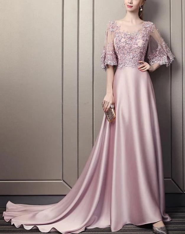 Luolandi Pink Soft Satin Long Party Dress with Lace Top A-line Pink Evening Dress Prom Dress Mother of the Bride Dress