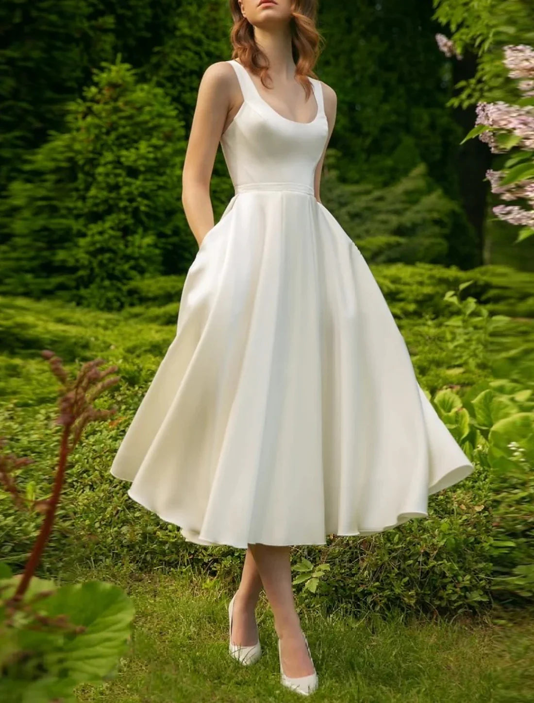 Luolandi Hall Little Dresses Wedding Dresses A-Line Scoop Neck Sleeveless Tea Length Satin Bridal Gowns With Pleats