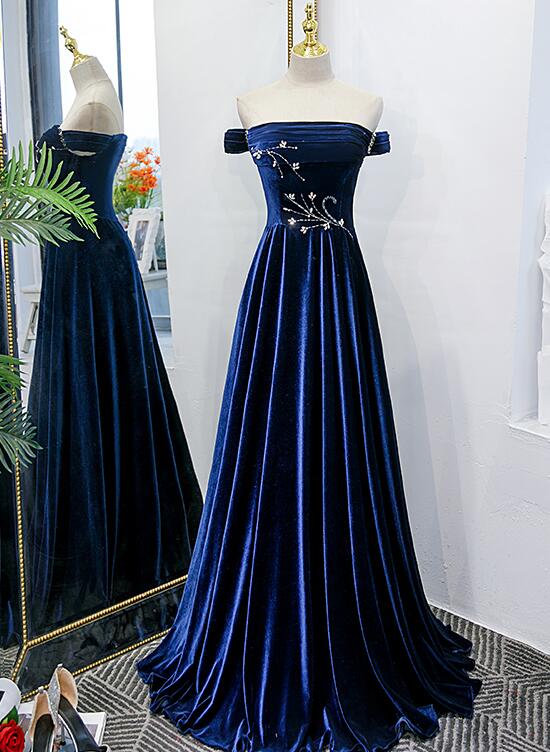 Luolandi Blue Velvet Beaded Elegant Off Shoulder Evening Dress Long Prom Dress Party Dress Beautiful