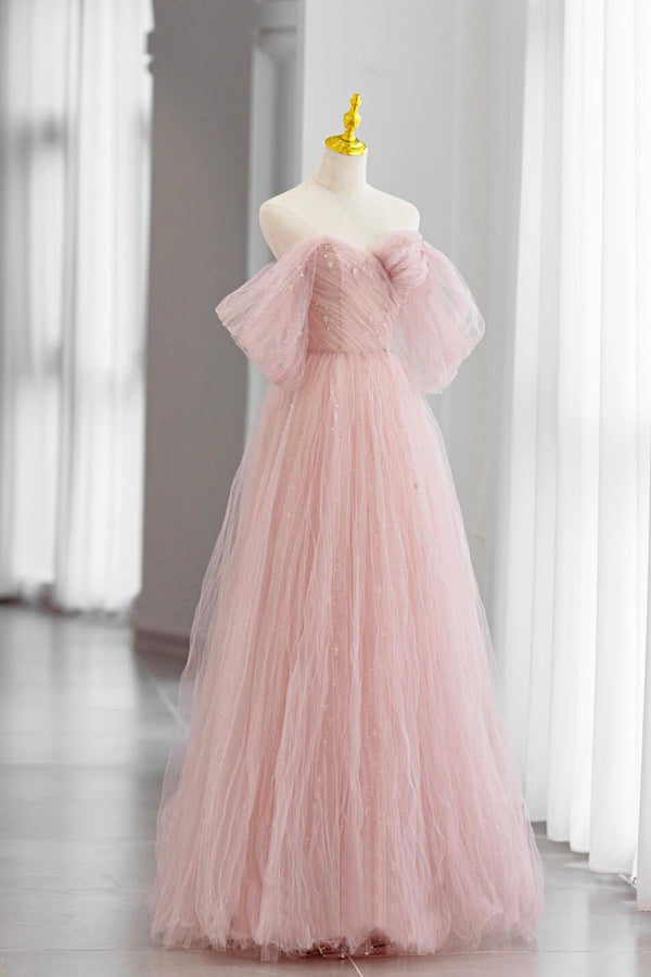 Luolandi Pink Tulle Floor Length Prom Dress Cute A-Line Evening Party Dress Off Shoulder Beautiful