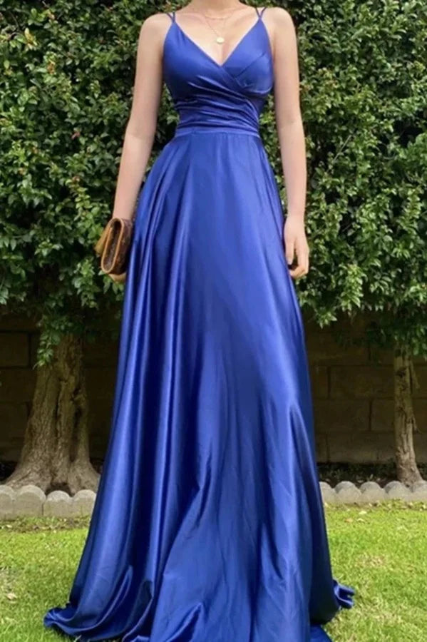 Luolandi Royal Blue Long Back Lace Thin Shoulder Strap Prom Dress Party Dress