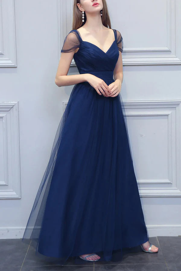 Luolandi A-shaped V-neck long sheer bridesmaid dress Solid Color
