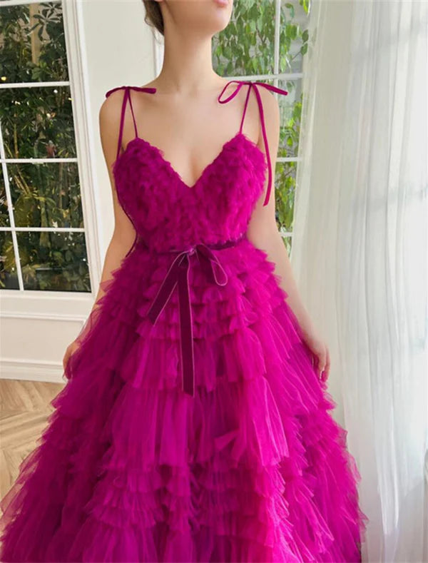 Luolandi Ball Gown Evening Gown Puffy Dress Wedding Party Birthday Floor Length Sleeveless Spaghetti Strap Tulle with Ruffles Strappy Prom Dress