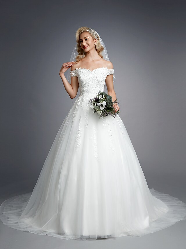 Luolandi Ball Gown Wedding Dresses Off Shoulder Court Train Lace Tulle Short Sleeve Romantic Sparkle & Shine with Beading