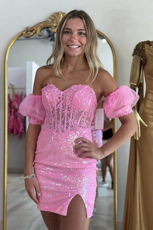 Luolandi Sweetheart Strapless Applique Bodycon Homecoming Dress wiith Sleeves Sparkly Party Dress