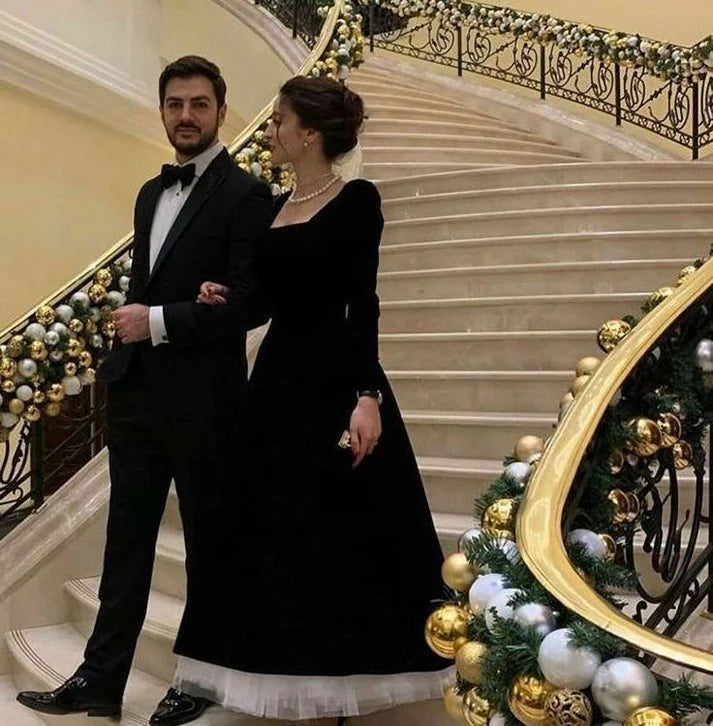 Luolandi Black A-Line Long Sleeves Velvet Formal Long Prom Dress Charming Evening Dress Elegant Formal Dress