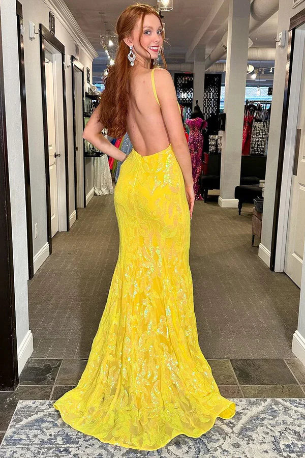 Luolandi Mermaid V Neck Yellow Sequins Lace Backless Long Prom Dresses Sparkly Evening Dress