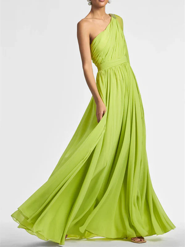 Luolandi A Line One Shoulder Floor-Length Evening Dress with Ruffles Party Dress