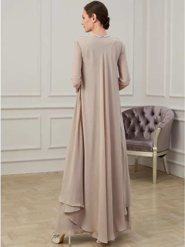 Luolandi A-Line Mother of the Bride Dress Elegant Jewel Neck Floor Length Polyester Long Sleeve