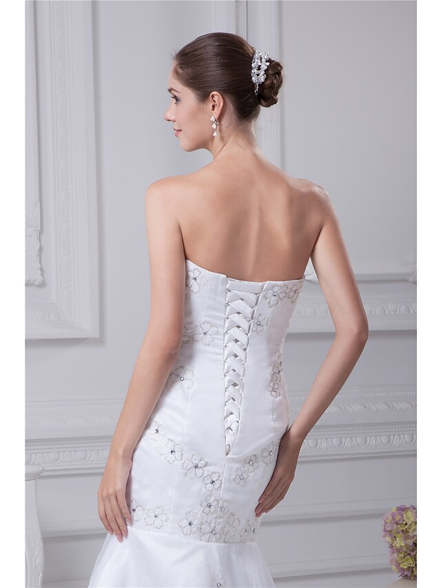 Luolandi Wedding Dresses Strapless Chapel Train Organza Satin Strapless with Beading