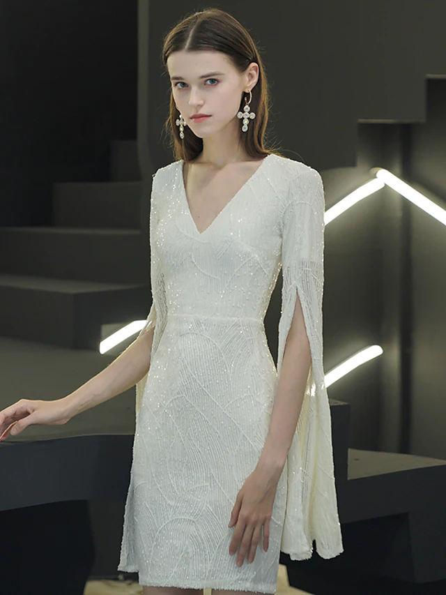 Luolandi Sparkle Elegant Homecoming Cocktail Party Dress V Neck Long Sleeve Short Mini Sequined with Split