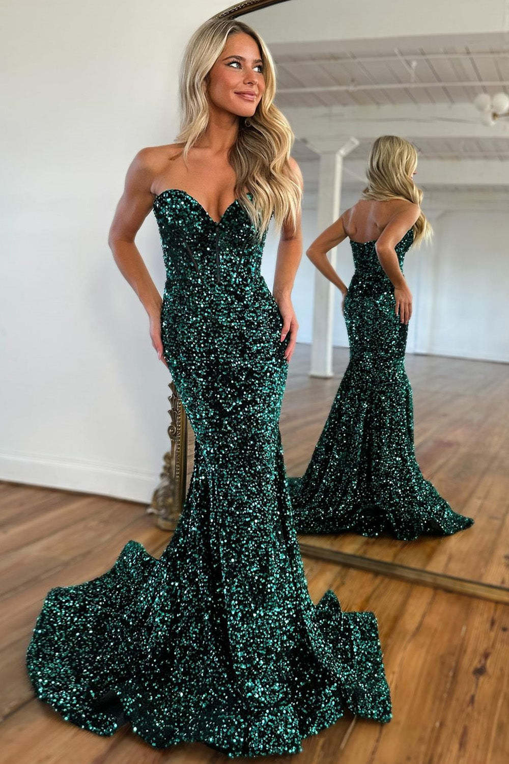 Luolandi Glitter Sequin Mermaid Sweetheart Long Prom Party Dress Charming Evening Dress