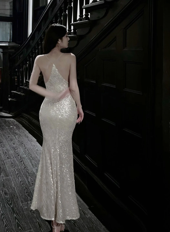 Luolandi Glitter Mermaid Spaghetti Straps Sequins Maxi Dress Long Prom Dress With Slit Charming Evening Party Dress Sexy Women's Dresses