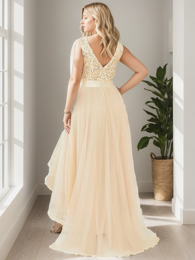Luolandi Plus Size Sleeveless Sequin Ribbon Waist Tulle High Low Evening Dress