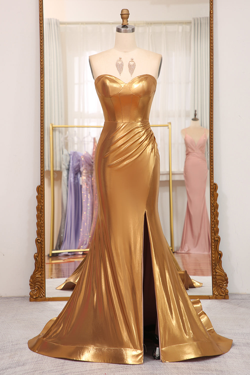 Luolandi Golden Mermaid Sweetheart Long Prom Dress With Slit Sexy Evening Dress