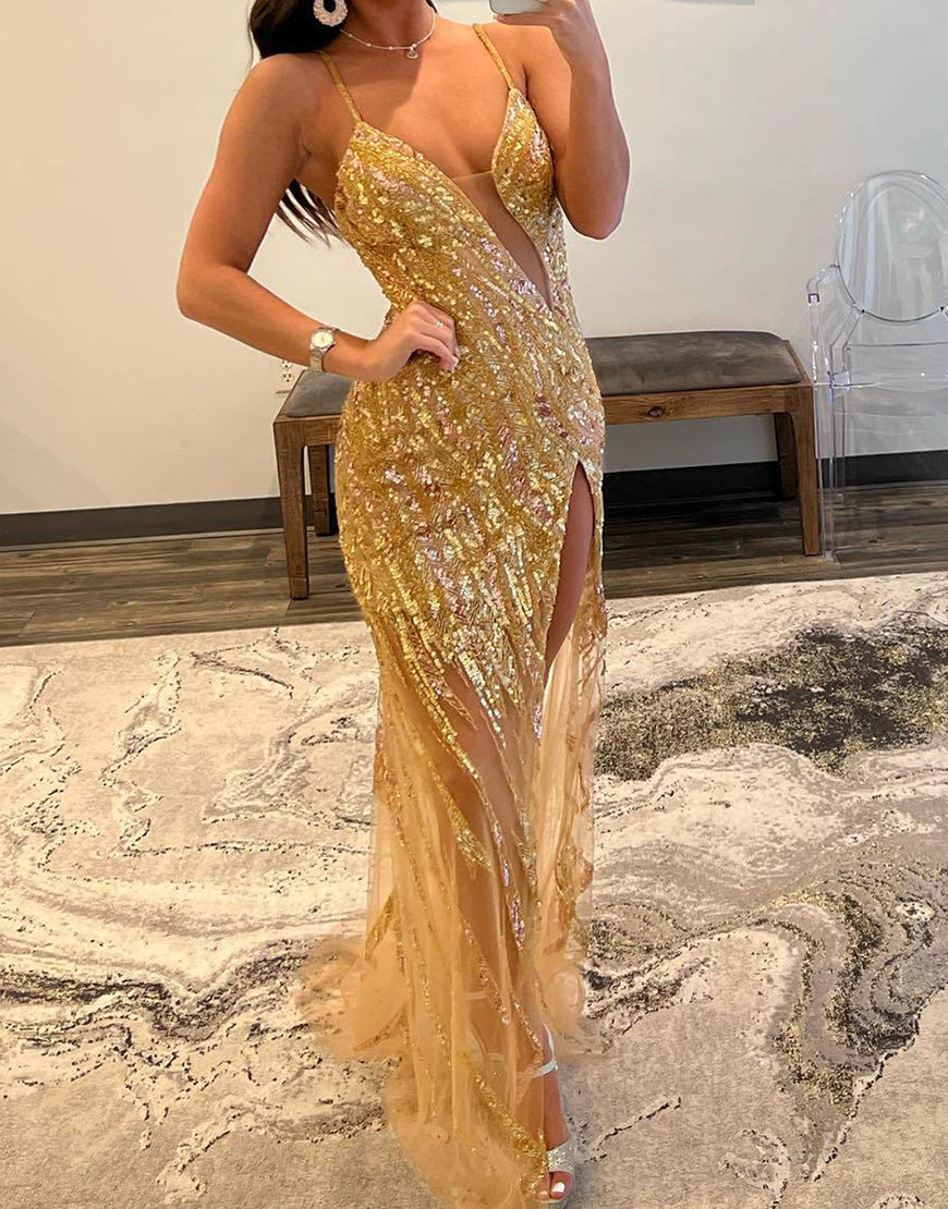 Luolandi Sparkly Gold Spaghetti Straps Backless Long Prom Dress with Slit Sexy Evening Dress