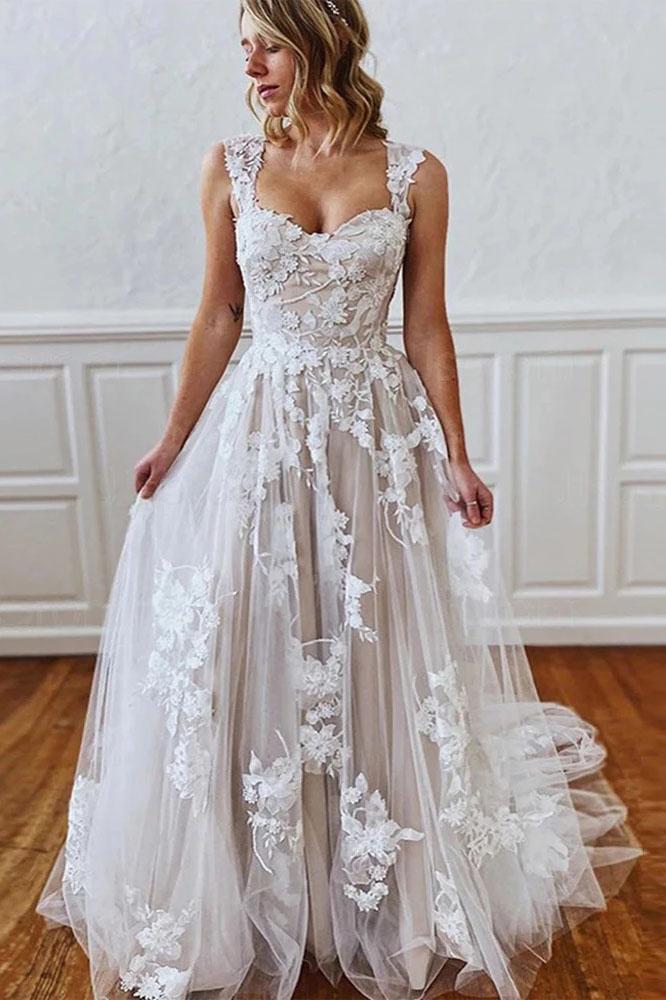 Luolandi Gorgeous A-line Wedding Dress with Straps Sweetheart Lace Appliques Bride Dress Sexy