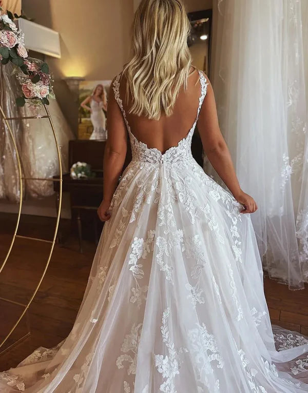 Luolandi Gorgeous A-Line Open Back Wedding Dress With Appliques Beautiful Bridal Gown