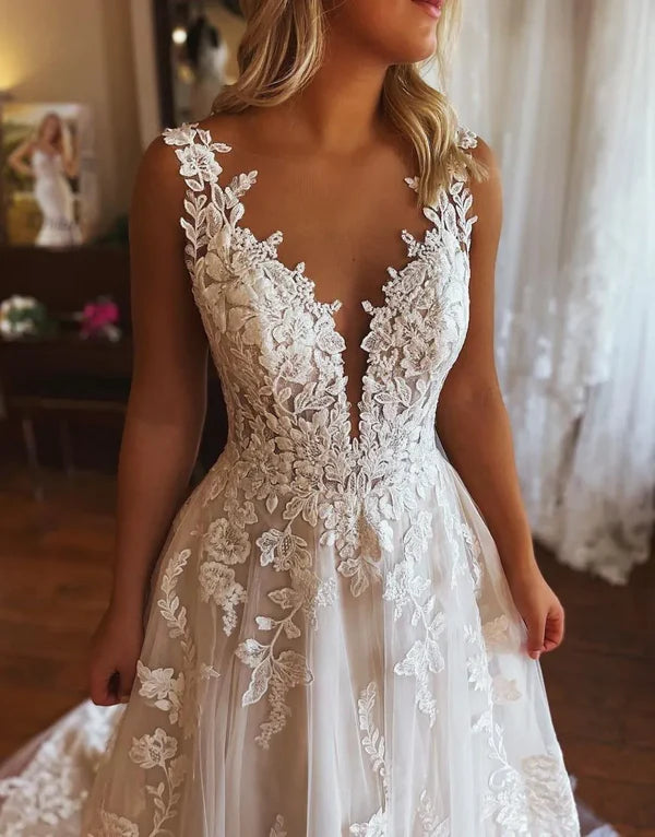 Luolandi Gorgeous A-Line Open Back Wedding Dress With Appliques Beautiful Bridal Gown