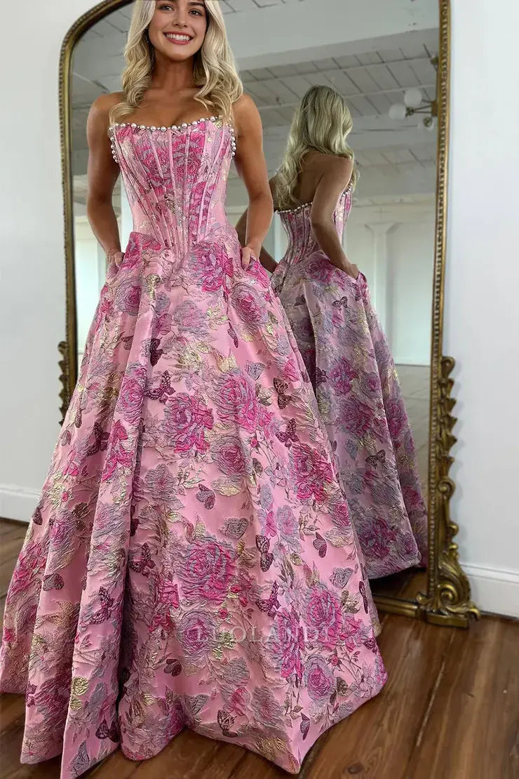 Luolandi Gorgeous A-Line Strapless Sleeveless Long Formal Prom Dresses Elegant Party Evening Gowns Charming Graduation Dress