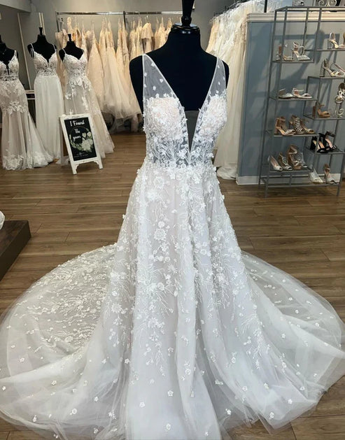 Luolandi Charming A-Line V-Neck Open Back Chapel Train Wedding Dress with Appliques Sexy Bridal Gown