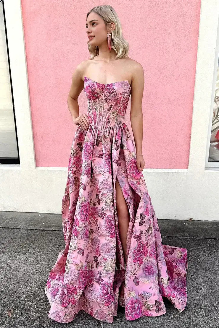 Luolandi Gorgeous A Line Scoop Neck Strapless Long Prom Dress with Slit Elegant Party Evening Gowns Charming Graduation Dress