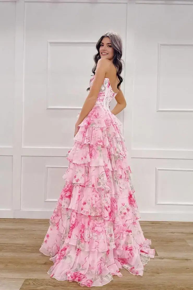 Luolandi Gorgeous A Line Sweetheart Strapless Sleeveless Tiered Long Formal Prom Dress With Slit Sexy Graduation Dress Charming Party Evening Gowns